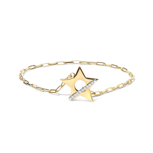 Yellow bracelet with a star-shaped charm featuring a diagonal bar set with round white gemstones, shown on a white background from a slightly angled front view.