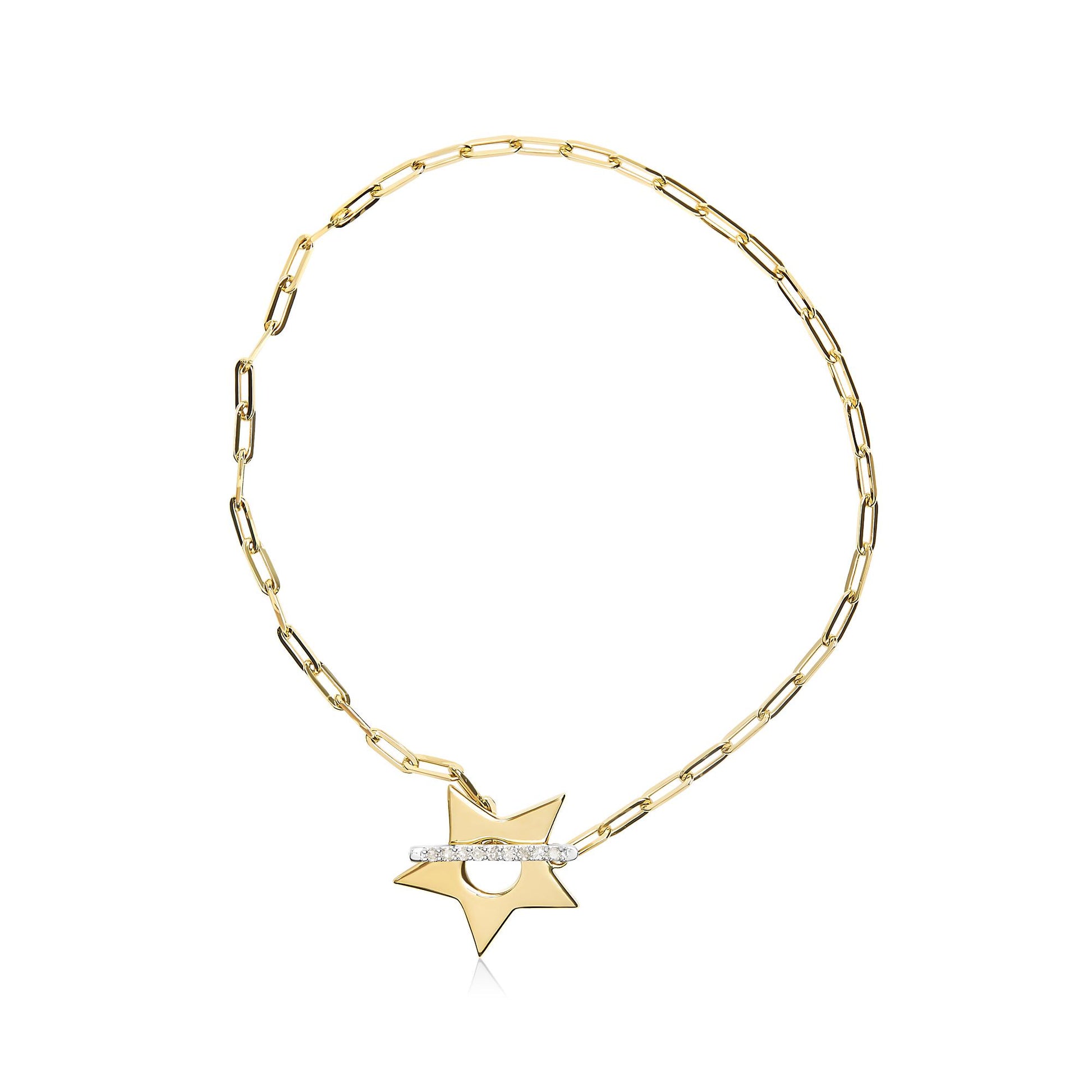 Yellow metal bracelet with elongated links and a star-shaped charm featuring a row of white round gemstones in prong setting, shown from the top on a white background.