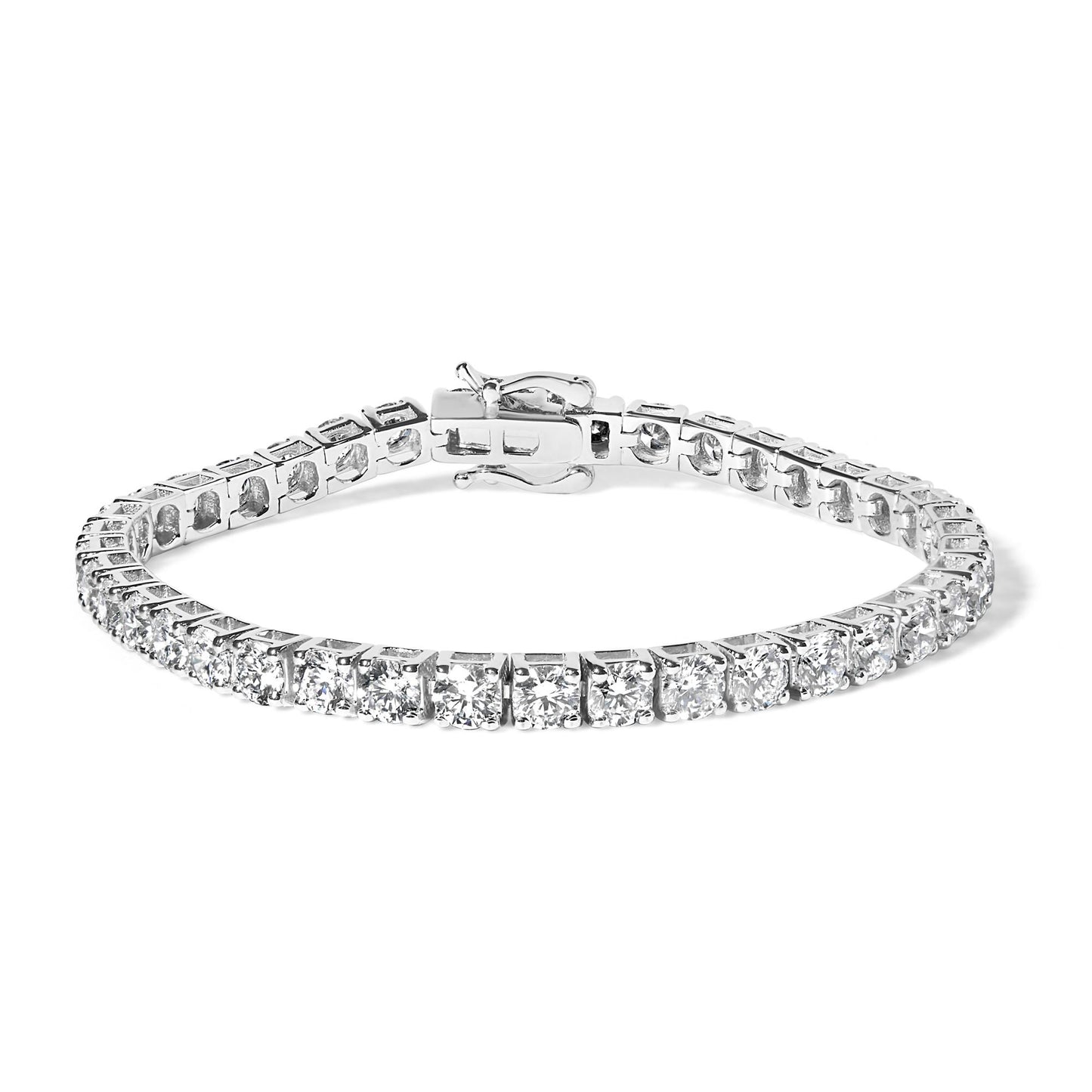 White metal bracelet with round white gemstones in 4-prong settings, shown from a front angle.
