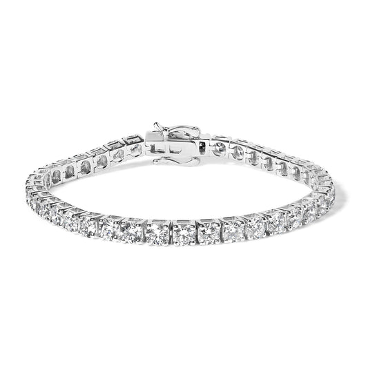 White metal bracelet with round white gemstones in 4-prong settings, shown from a front angle.