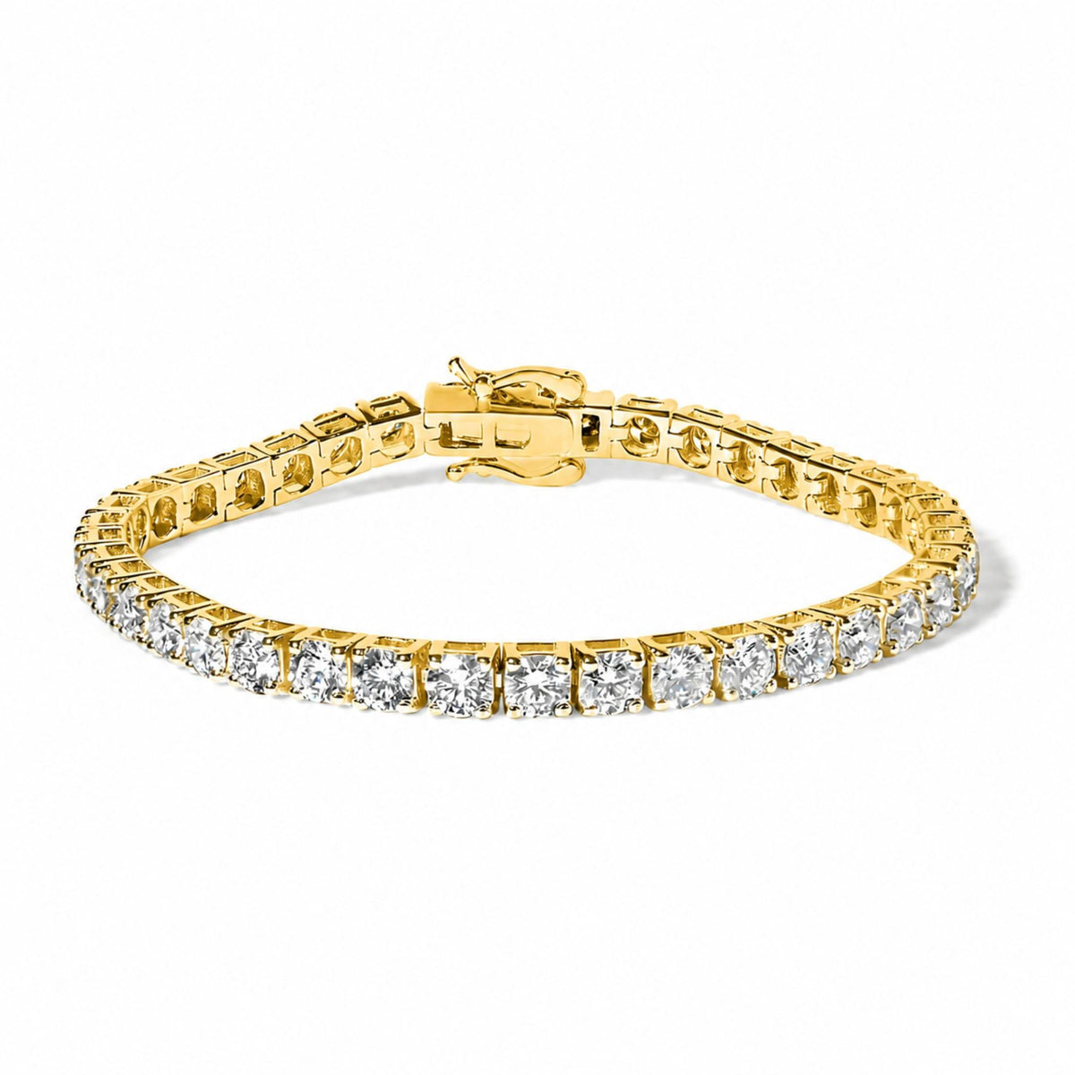 Close-up of a yellow bracelet with round white gemstones in a four-prong setting, shown flat on a white background from a slightly angled top view.