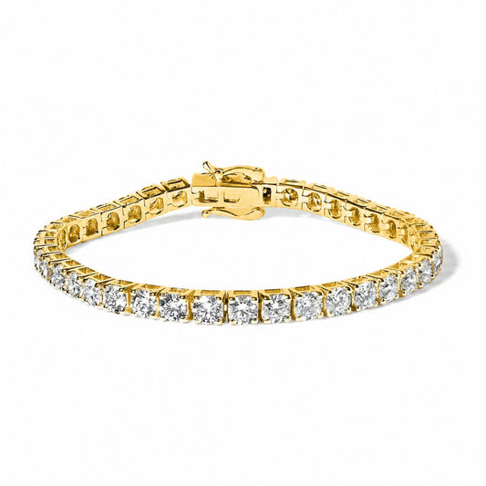 Close-up of a yellow bracelet with round white gemstones in a four-prong setting, shown flat on a white background from a slightly angled top view.