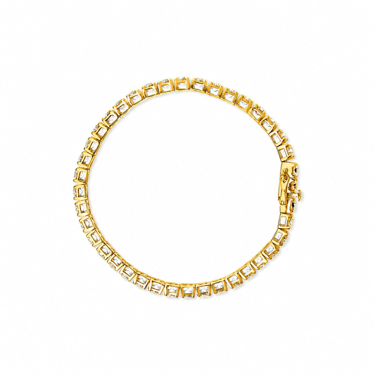 Close-up top view of a yellow bracelet with white round gemstones set in four-prong settings, shown on a white background.