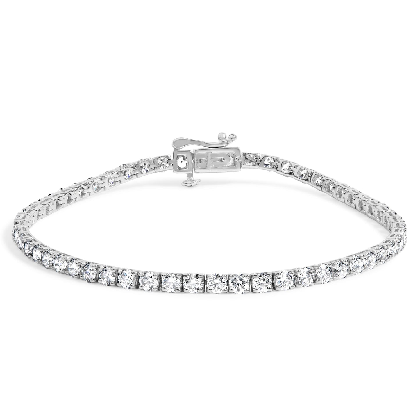 White metal bracelet with two sizes of round white gemstones in 4-prong settings, shown from front angle.