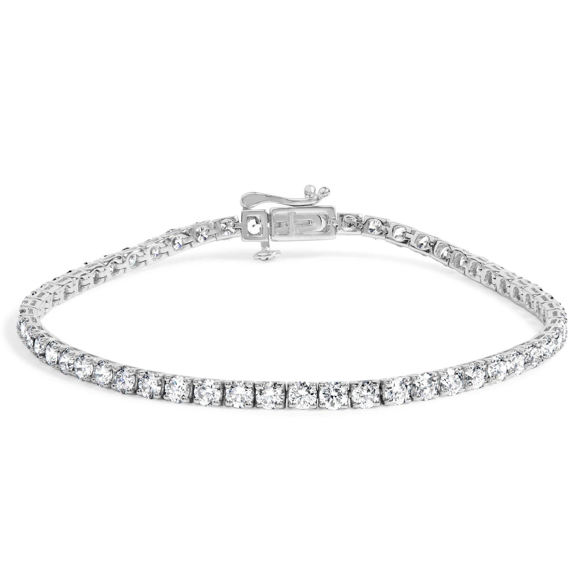 White metal bracelet with two sizes of round white gemstones in 4-prong settings, shown from front angle.