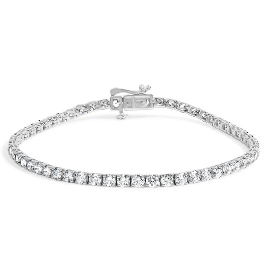 White metal bracelet with two sizes of round white gemstones in 4-prong settings, shown from front angle.