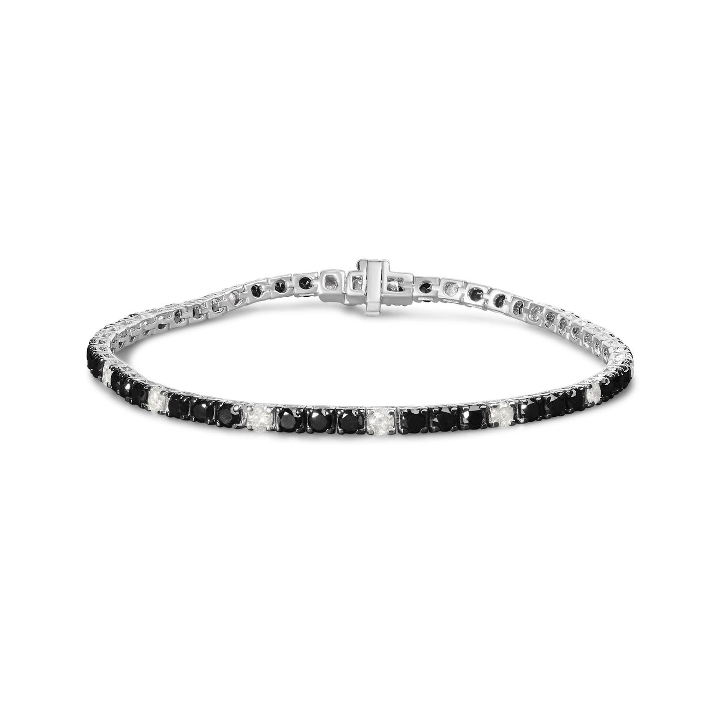 White metal bracelet with alternating black and white round gemstones in 4-prong settings, shown from a front-facing angle.