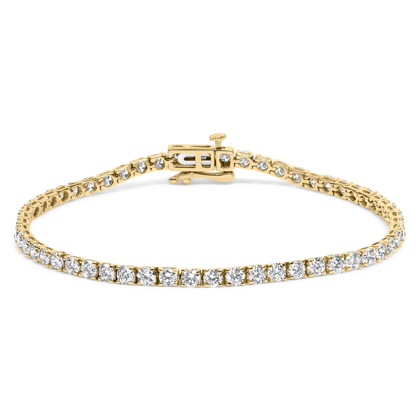 Yellow metal bracelet with round white gemstones in 4-prong settings, shown from a front angled perspective.