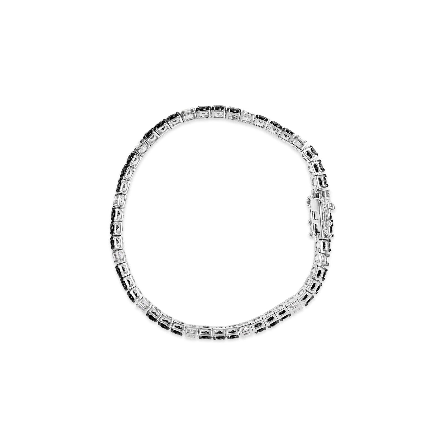 Top-down view of a white metal bracelet set with alternating white and black round gemstones in 4-prong settings.