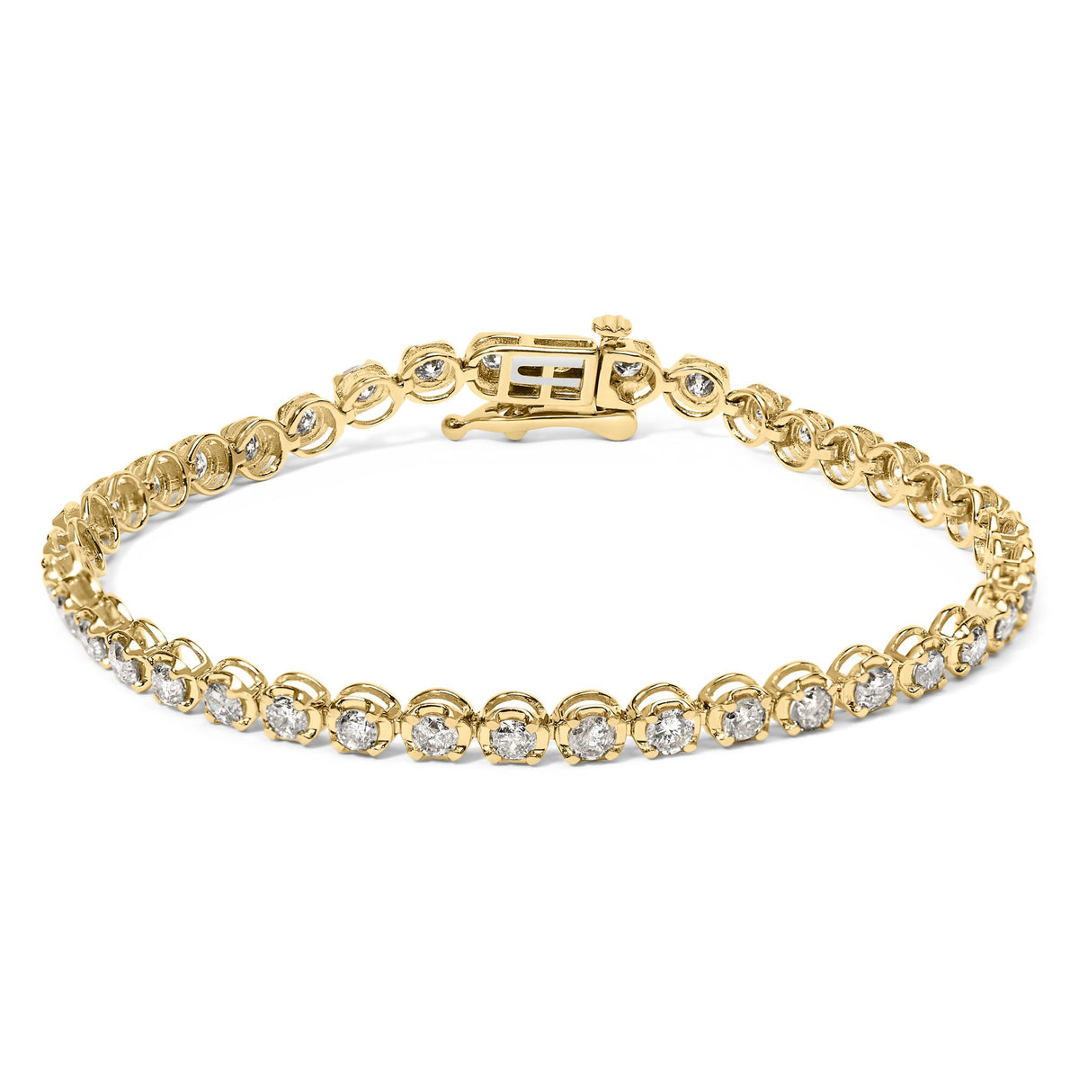 Close-up front angle of a yellow bracelet with round white gemstones in prong settings featuring a clasp closure.