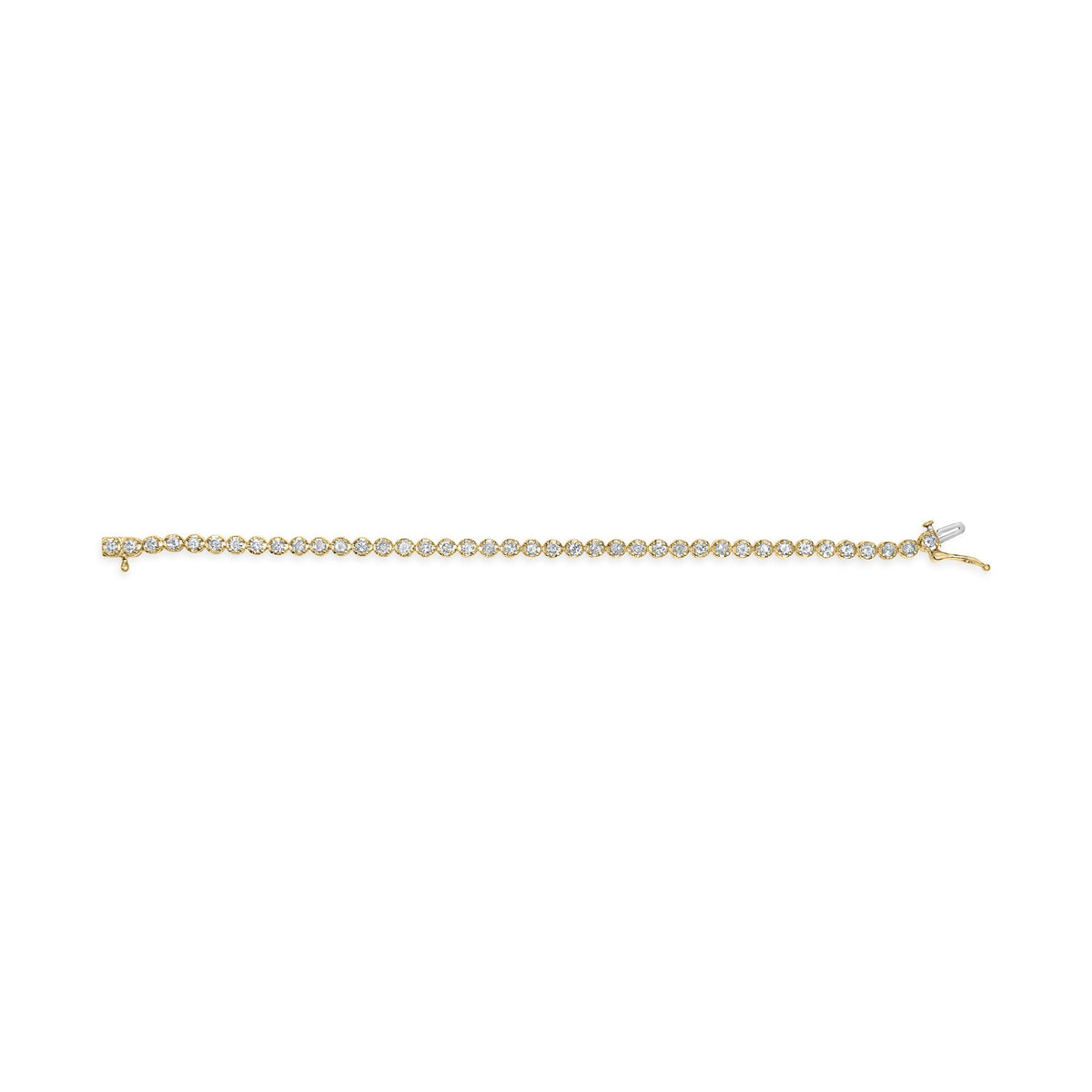 Yellow metal bracelet with round white gemstones in prong settings, shown flat on a white background from a top-down angle.