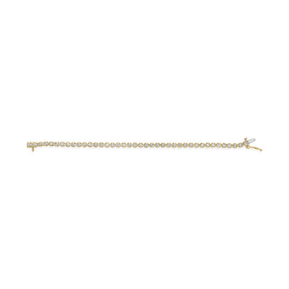 Yellow metal bracelet with round white gemstones in prong settings, shown flat on a white background from a top-down angle.