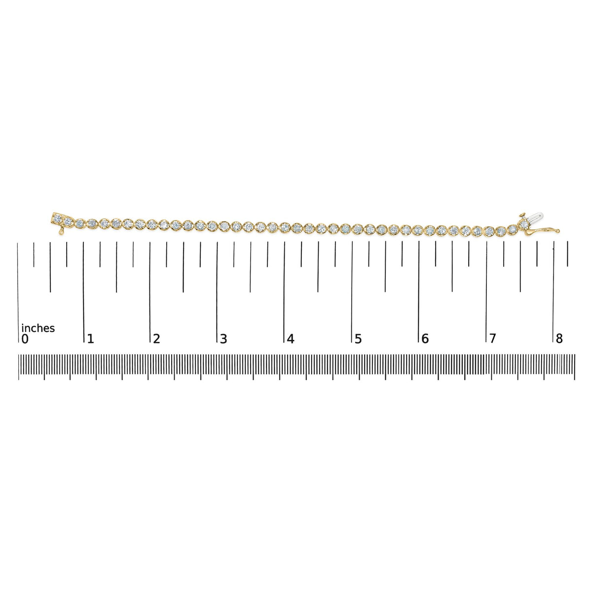 Yellow bracelet with round white gemstones in prong settings, displayed flat on a measuring scale, top-down view.