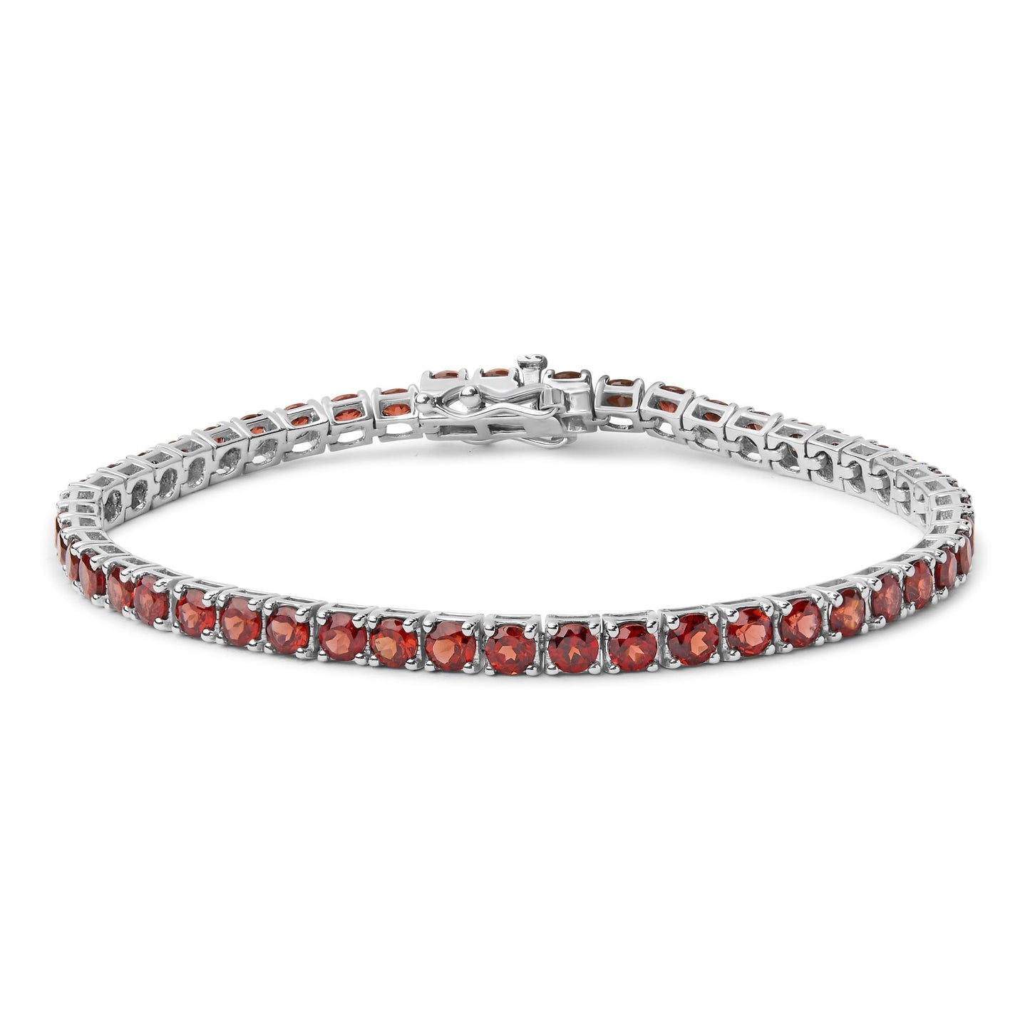 White metal bracelet with round orange gemstones in four-prong settings, shown from a slight top angle.