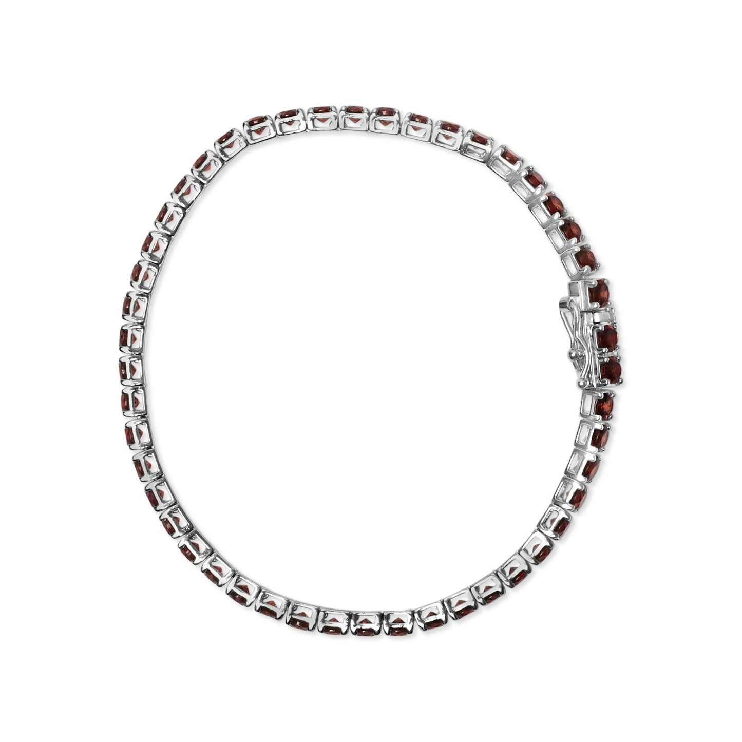 Top-down view of a white metal bracelet with round orange gemstones in 4-prong settings all around.