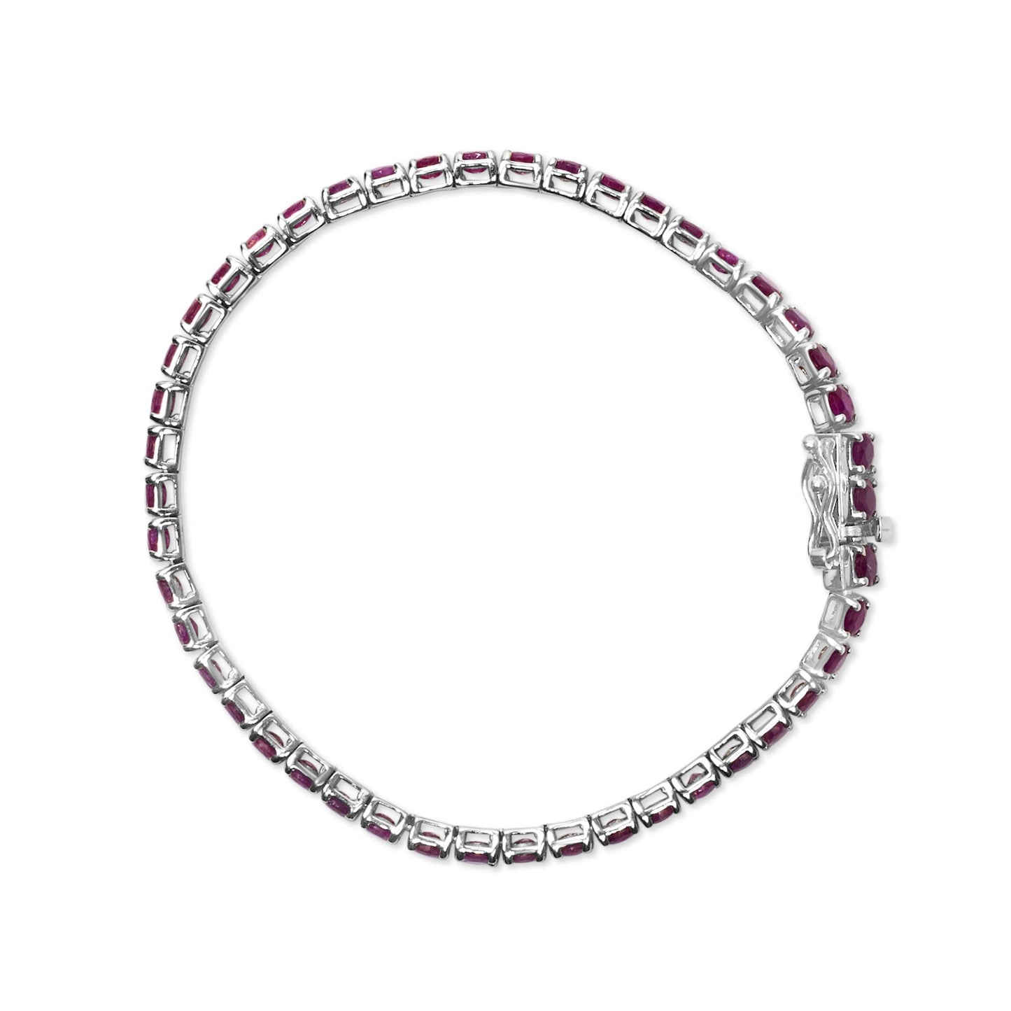 Top-down view of a white bracelet with pink round gemstones in four-prong settings arranged in a continuous line.