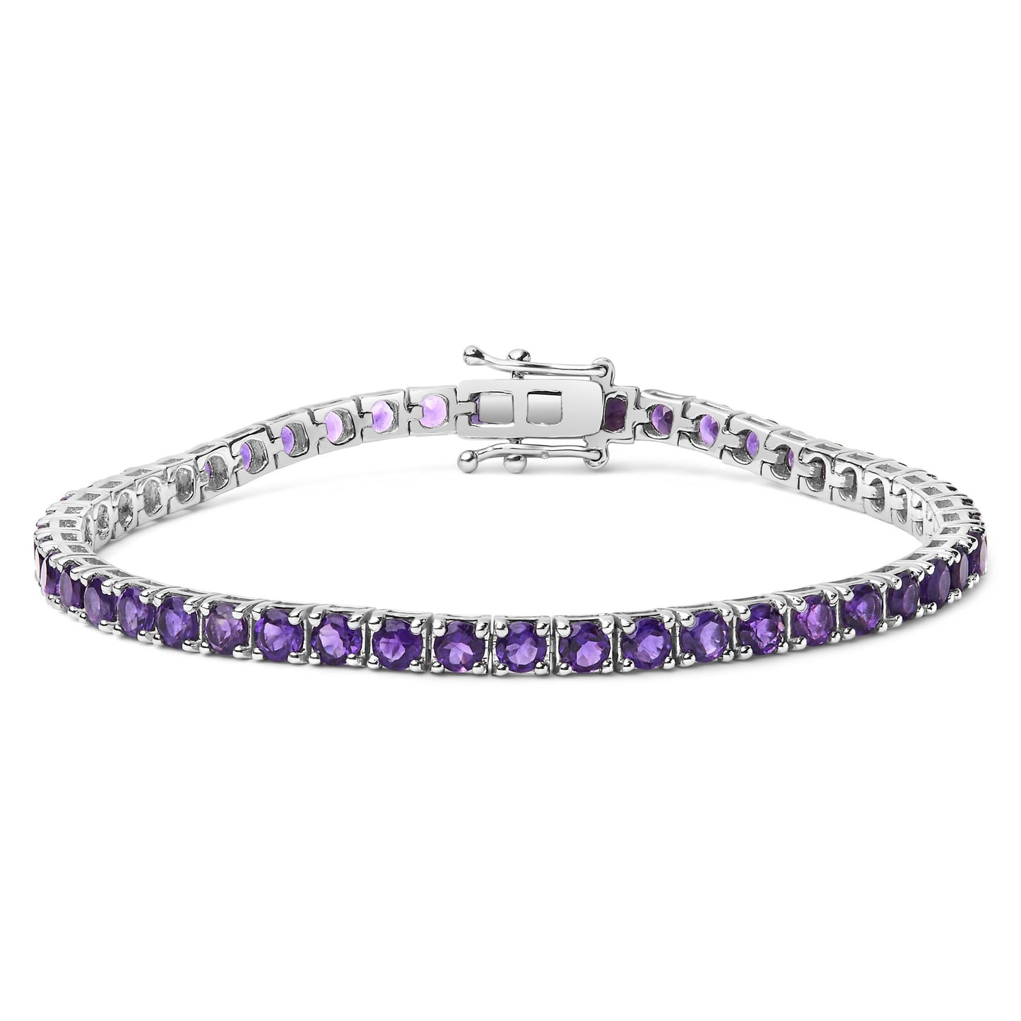 White metal bracelet with round purple gemstones set in four-prong settings, shown in a front-facing angle.