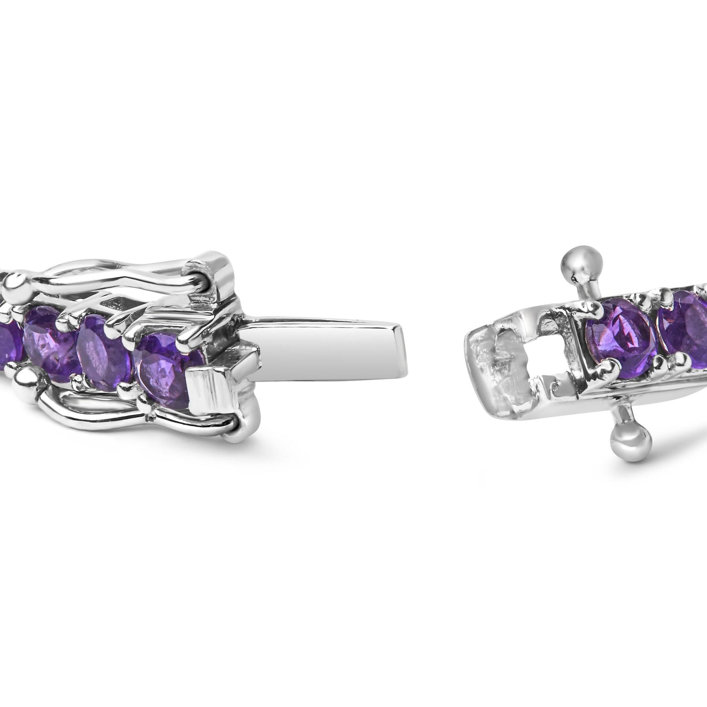 Close-up angled view of a white metal bracelet with multiple round purple gemstones in 4-prong settings.