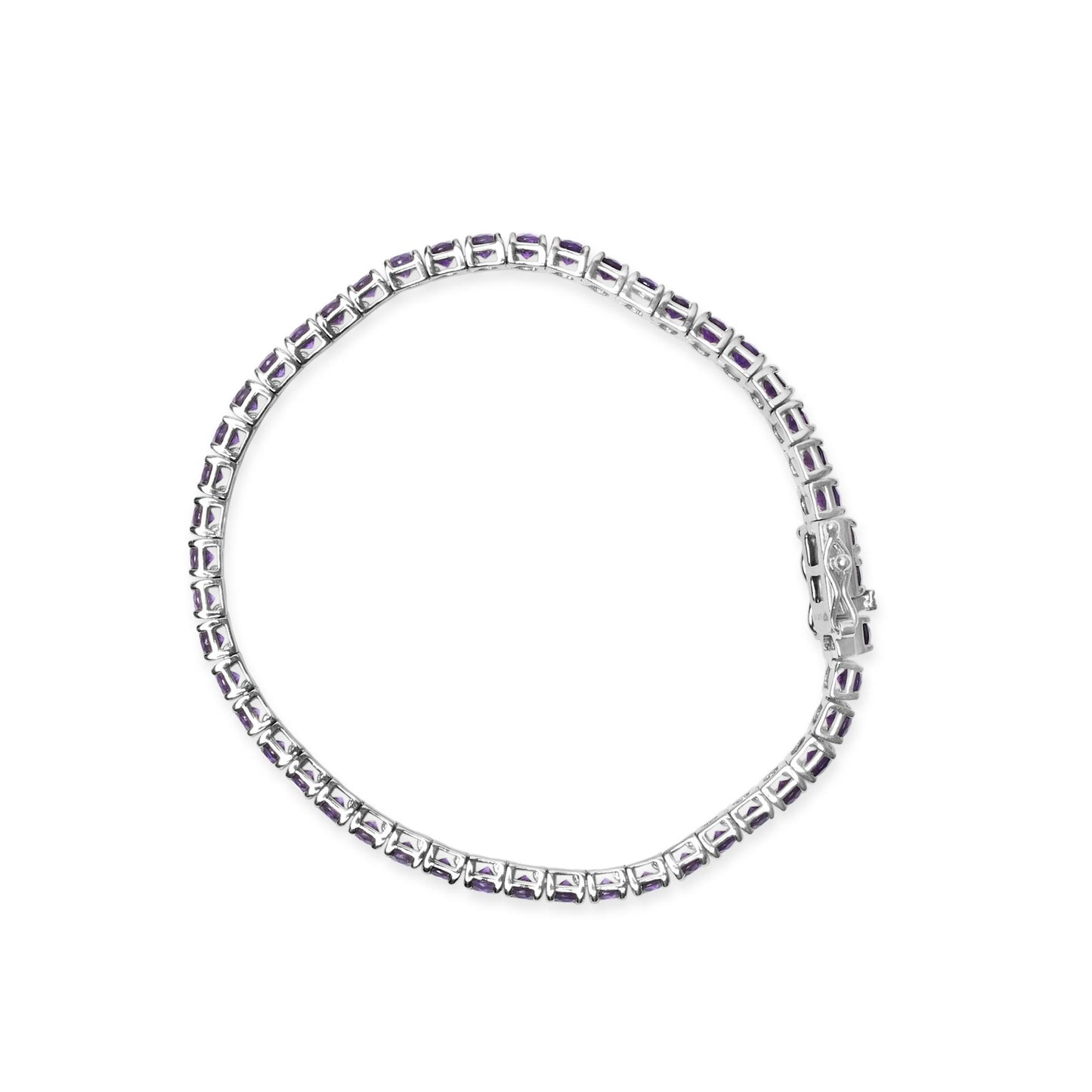 Top-down view of a white metal bracelet with round purple gemstones in 4-prong settings linked together in a continuous circle.