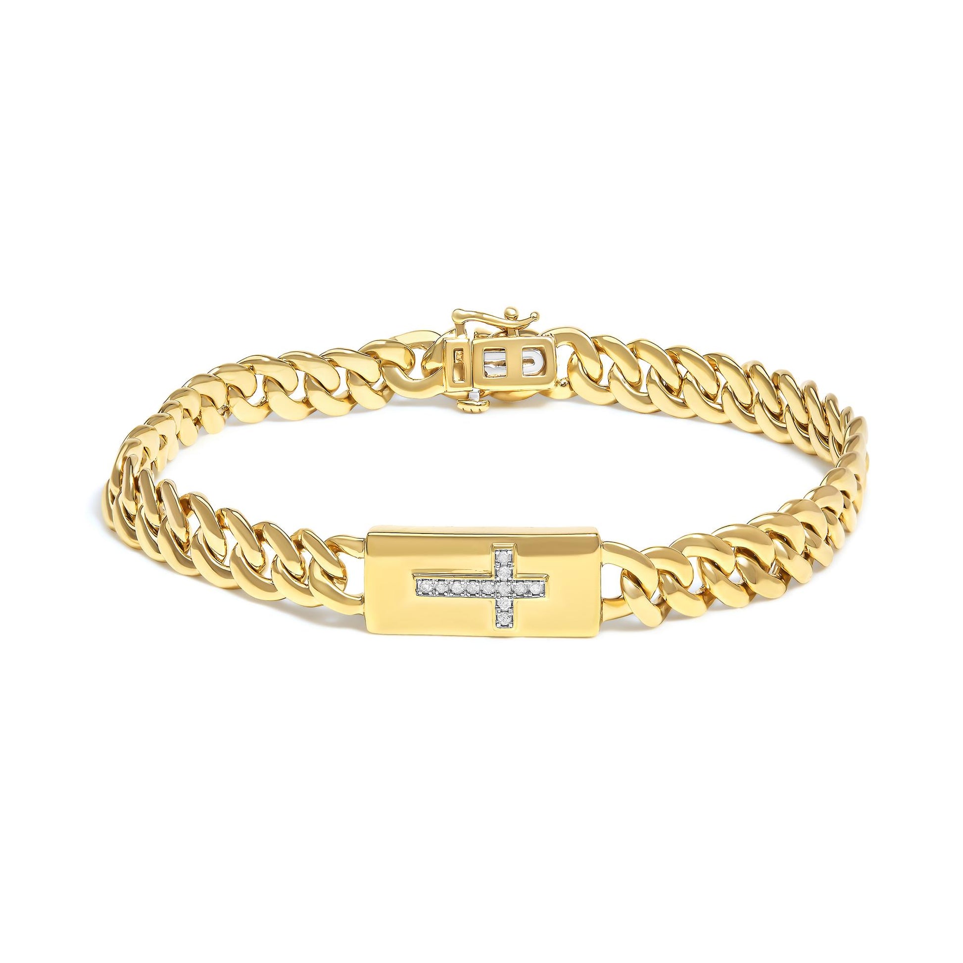 Yellow metal bracelet with chain links and a rectangular plate featuring a cross design set with white round gemstones, shown from a front angle.