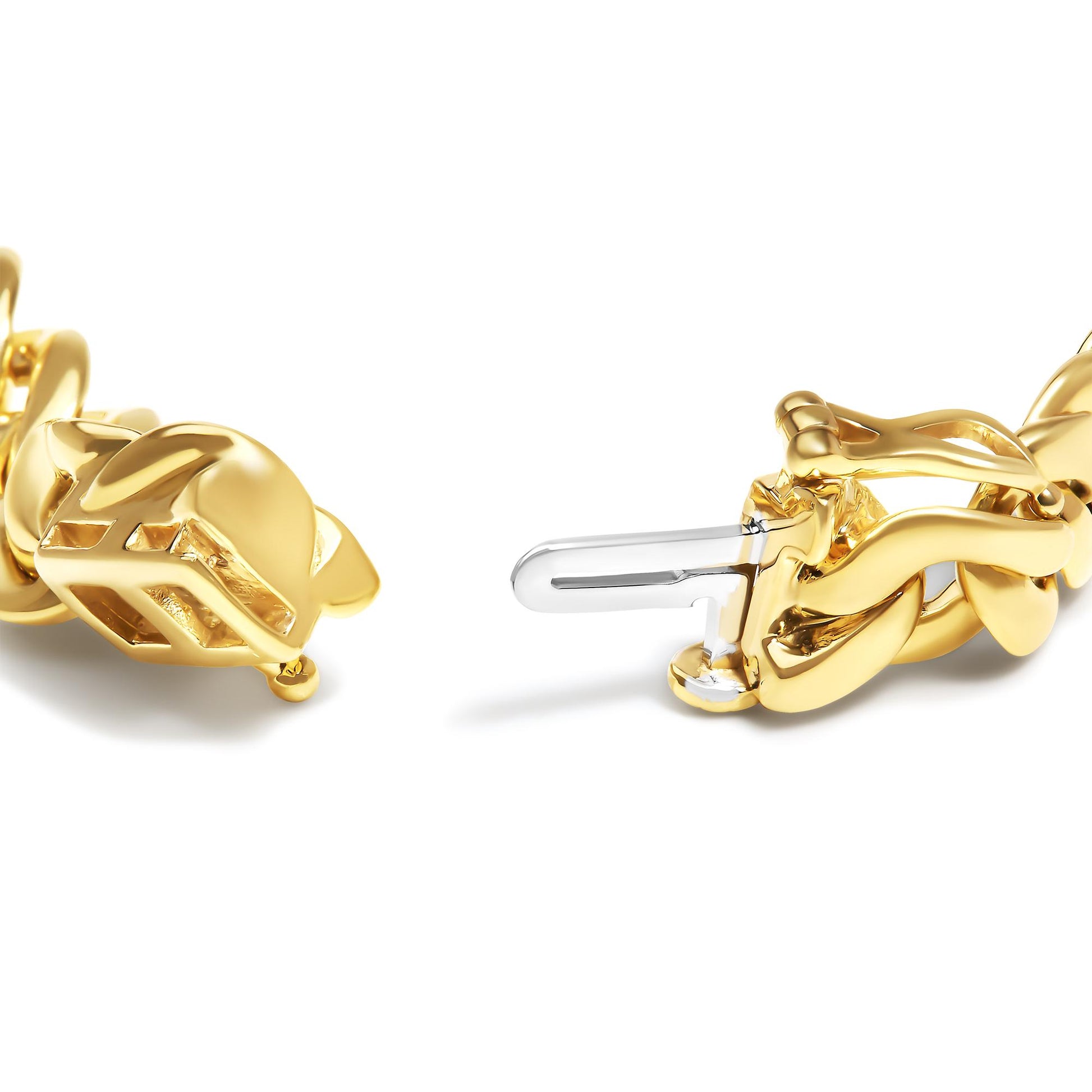 Close-up angle of a yellow bracelet with a clasp open, featuring round white gemstones in prong settings along the design.