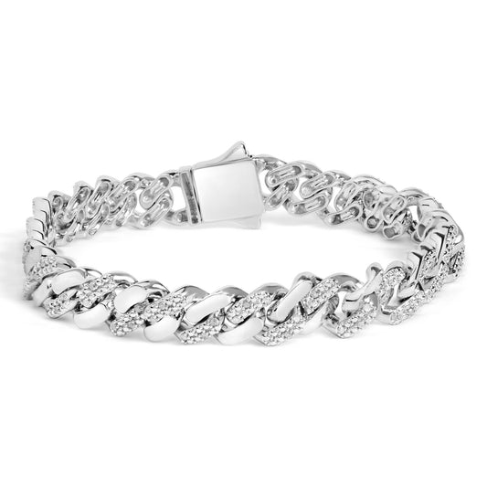 White metal bracelet with alternating plain and white gemstone-studded links, shown from a front angle on a white background.