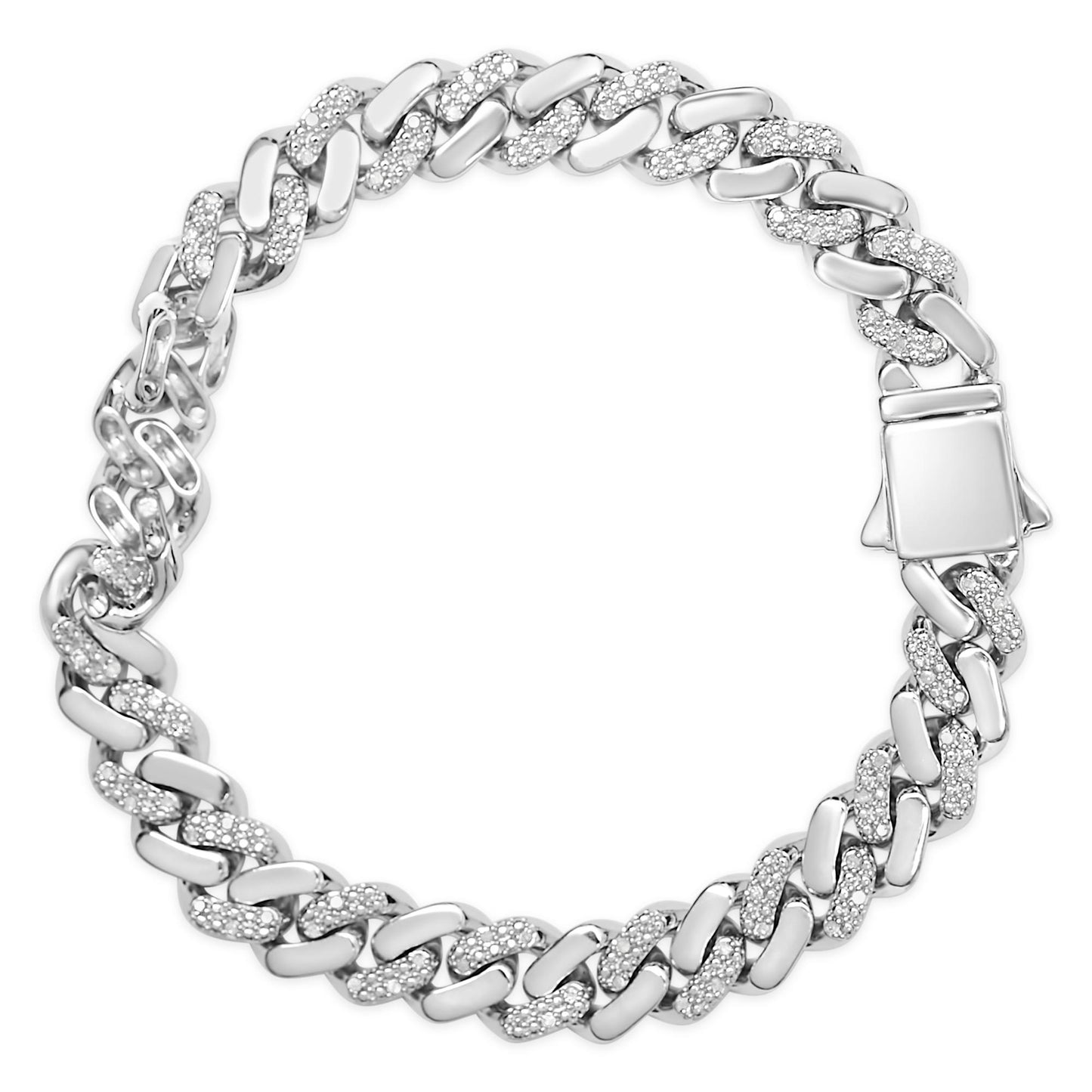 Top-down view of a white metal bracelet with alternating polished links and links encrusted with small white gemstones, featuring a rectangular clasp.