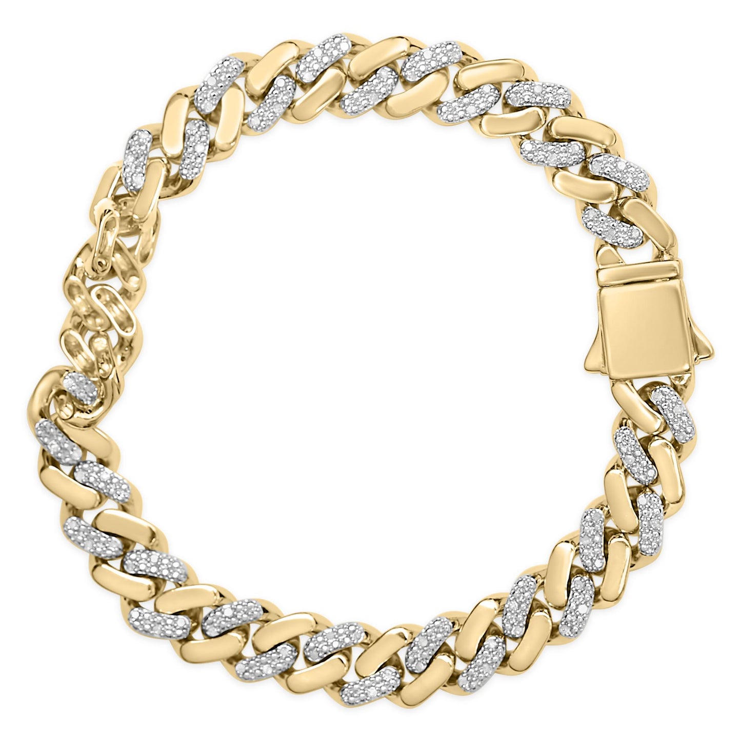 Top-down view of a yellow metal bracelet with interlocking links, some links set with clustered white round gemstones in prong settings.