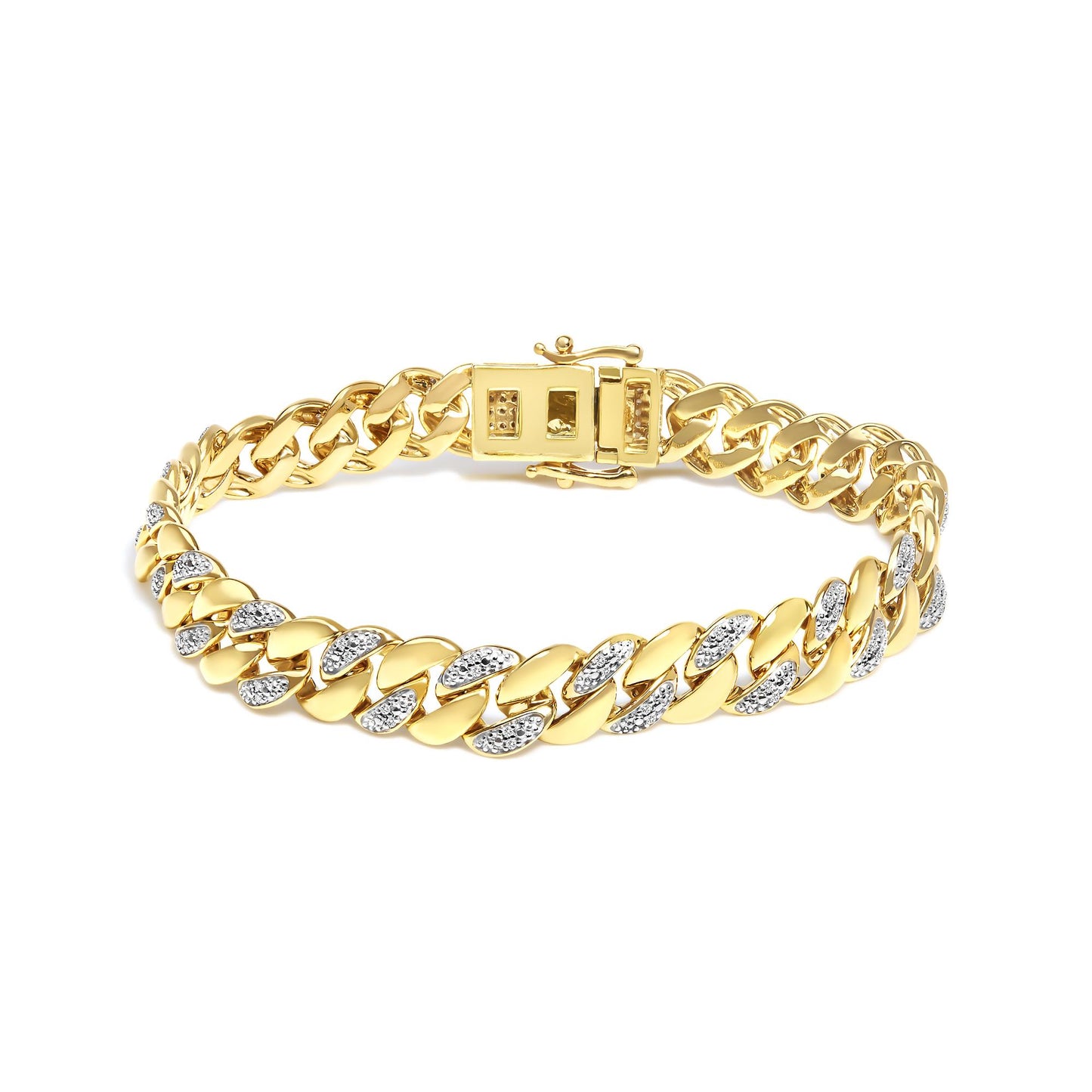 Yellow metal bracelet with alternating polished links and links set with white round gemstones, shown at a slight angle.