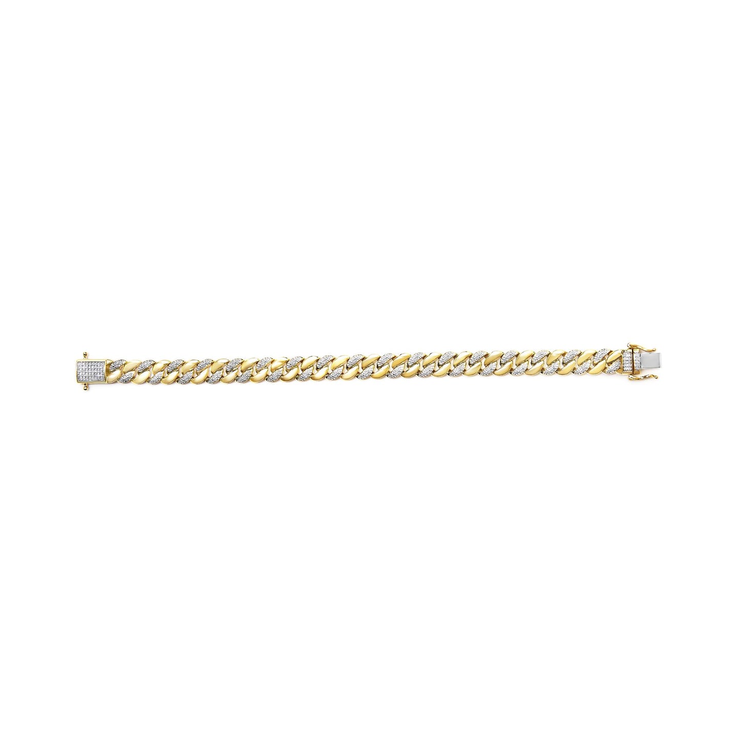 Yellow metal bracelet with alternating links featuring white round gemstones in prong settings, shown in a top-down flat lay angle.