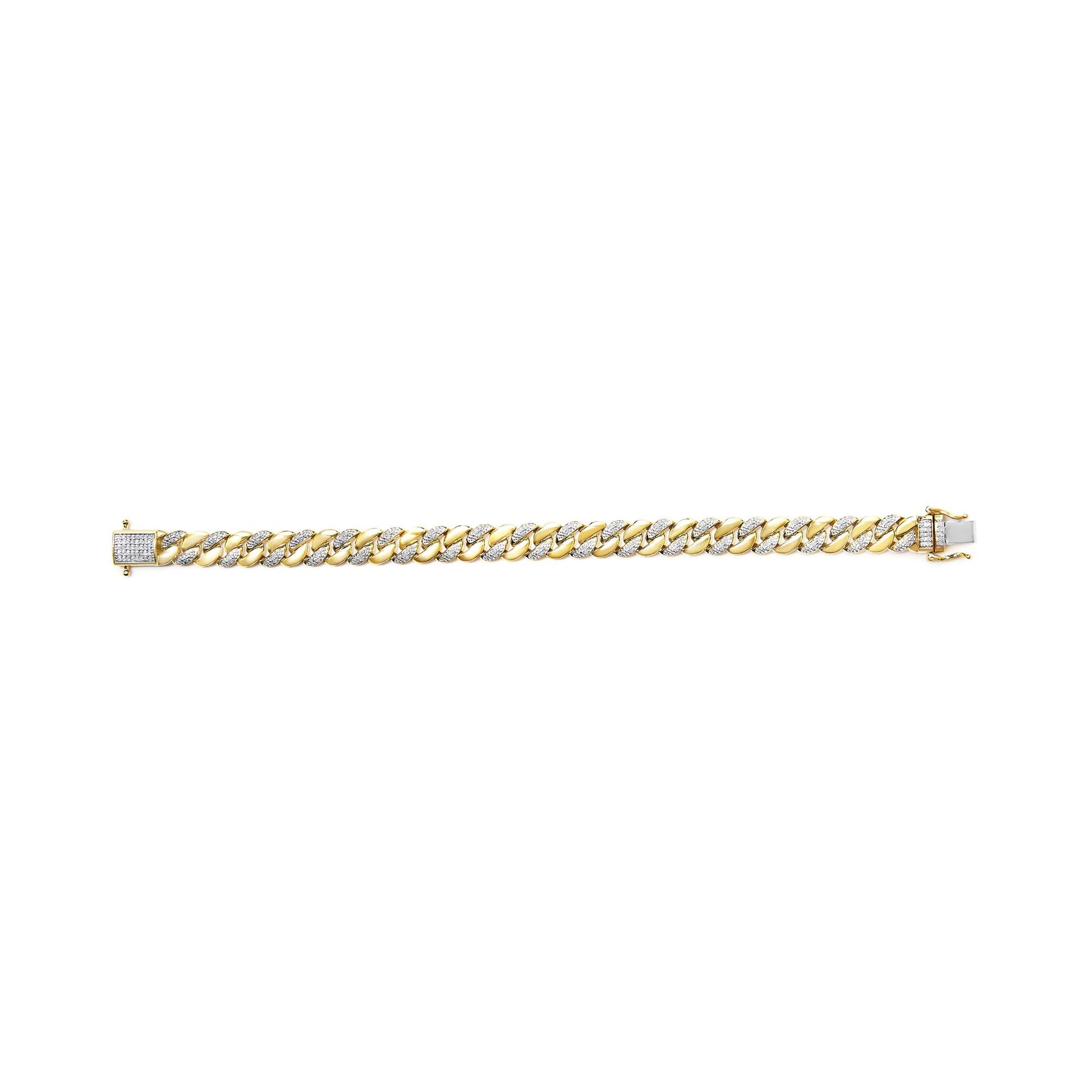 Yellow metal bracelet with alternating links featuring white round gemstones in prong settings, shown in a top-down flat lay angle.
