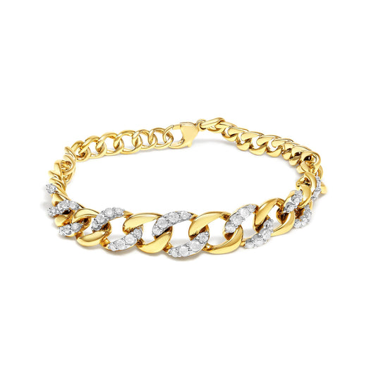 Yellow metal bracelet with alternating links partially covered in white gemstones, shown in a front angle view on a white background.