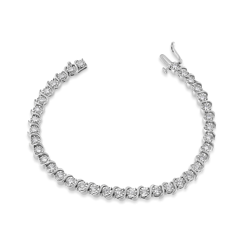 White metal bracelet with round white gemstones in a miracle setting, shown flat on a white background from a top angle.