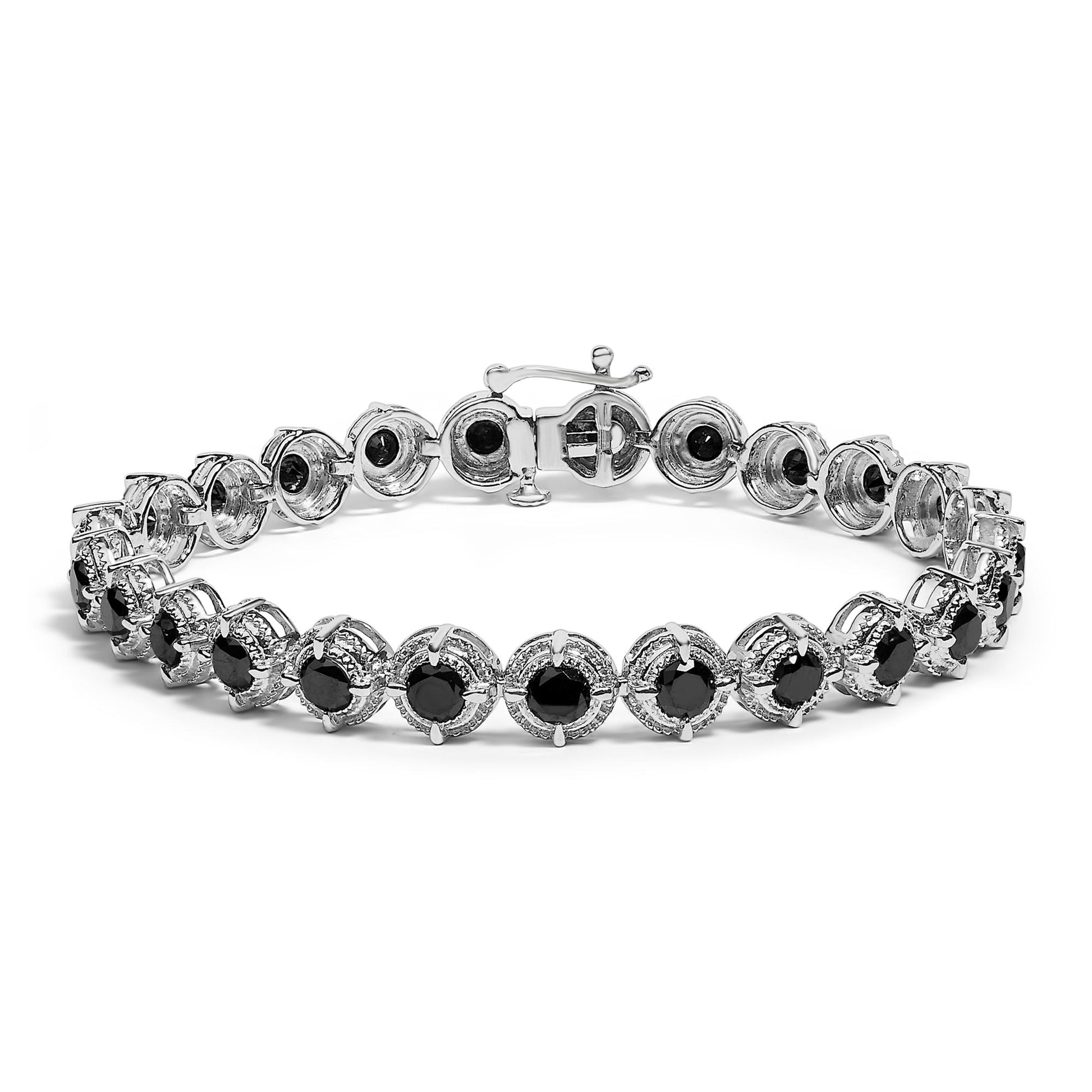 White metal bracelet with two rows of round black gemstones in prong settings, shown in a front-facing angle on a white background.