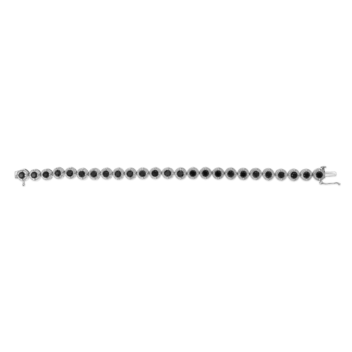 Top-down view of a white metal bracelet featuring alternating round black gemstones in prong settings.