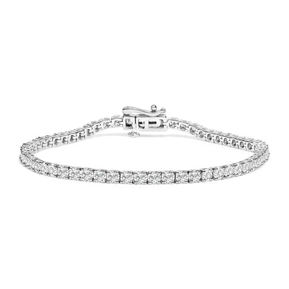 White metal bracelet with round white gemstones in 4-prong settings, shown from the front angle on a white background.