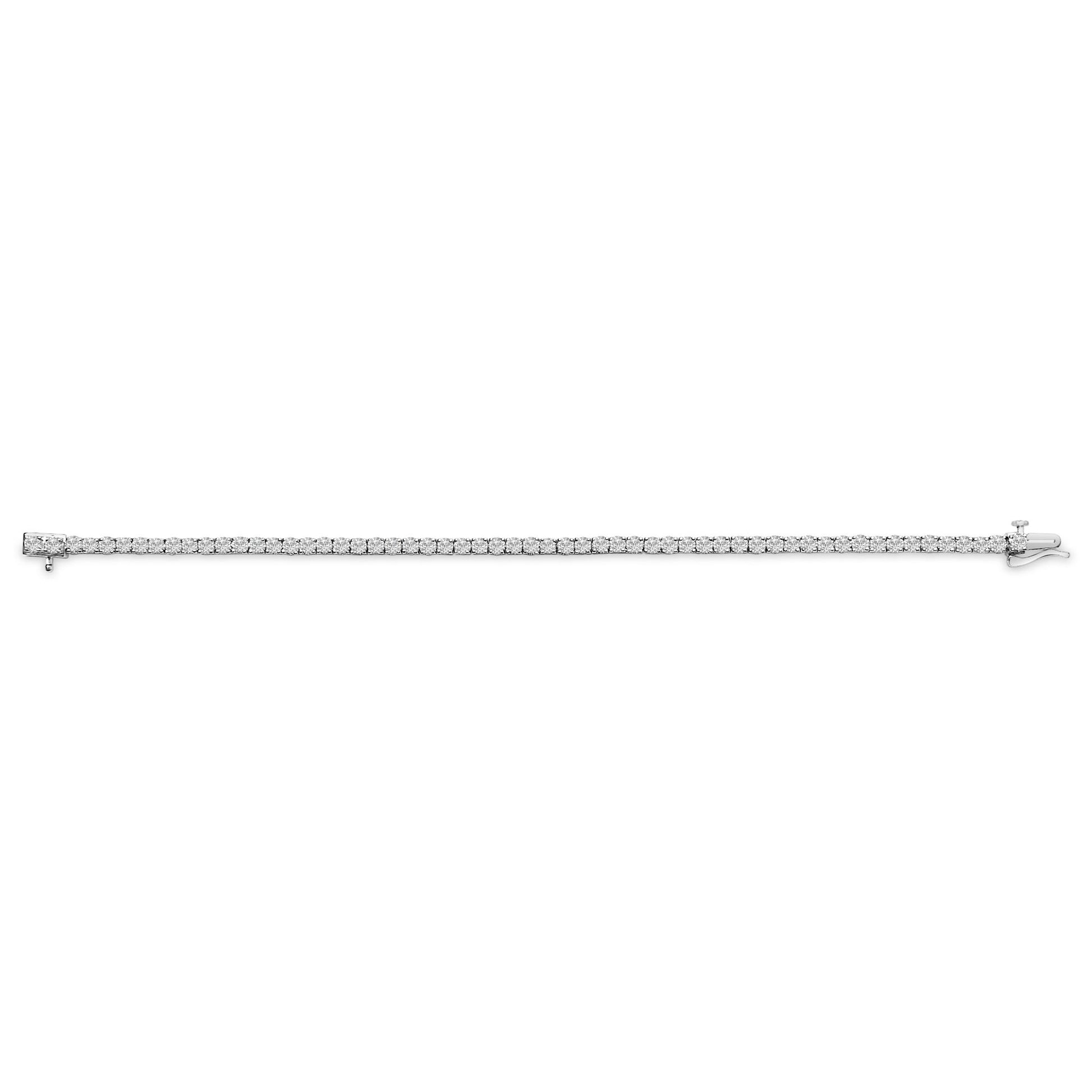 White metal bracelet with round white gemstones in 4-prong settings, shown flat in a top-down view.