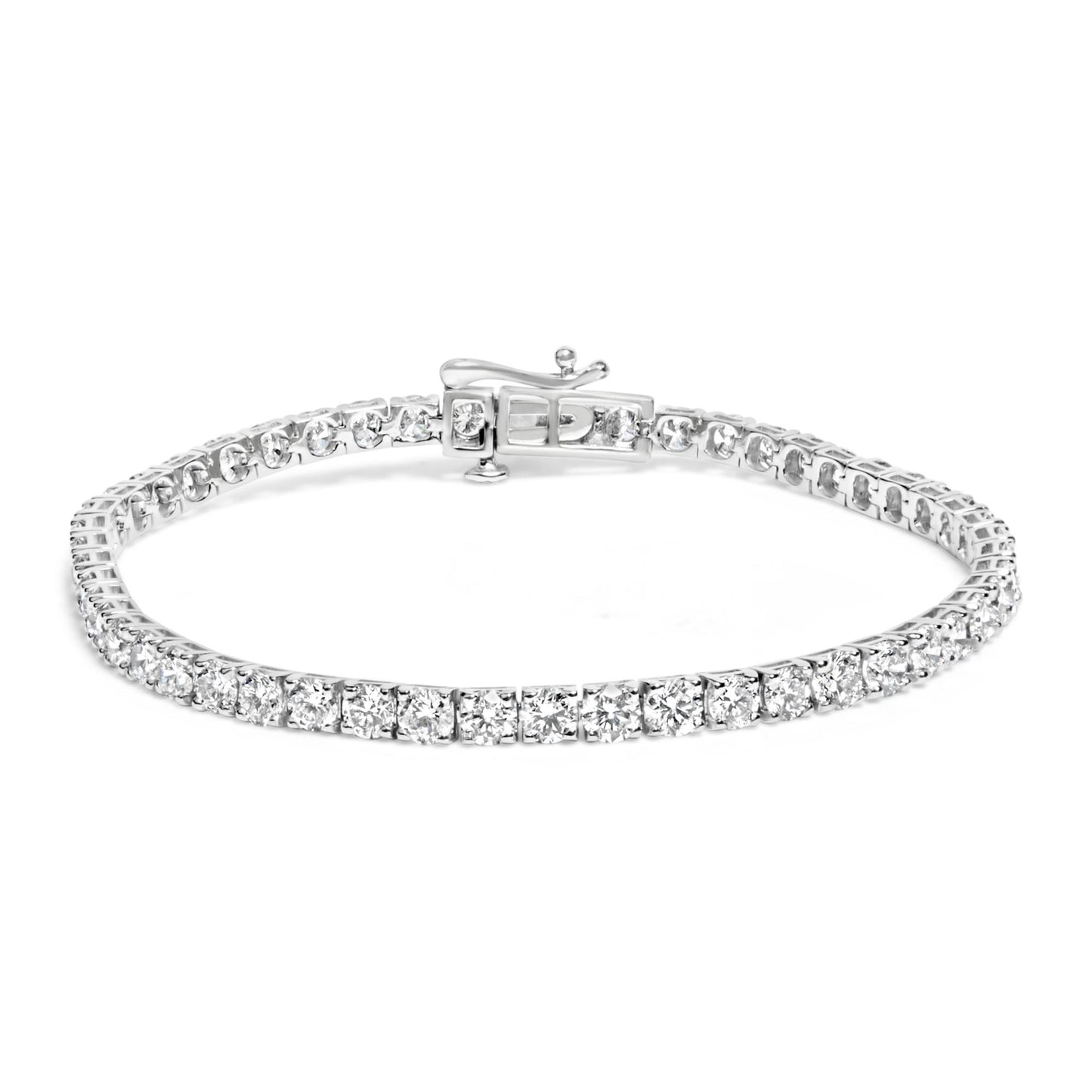 White metal tennis bracelet with round white gemstones in prong settings, shown in a front angled view.