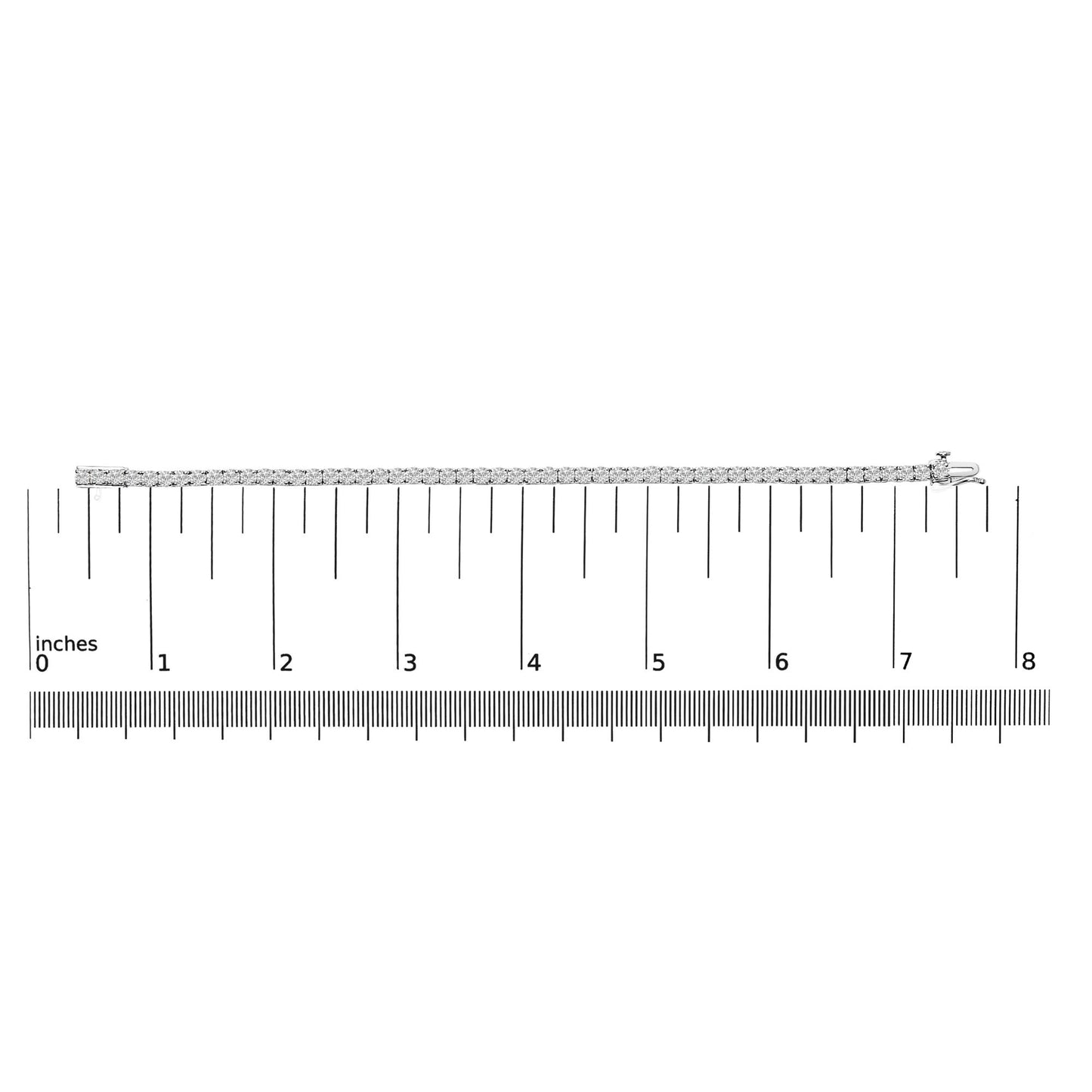 White bracelet with round white gemstones in prong settings, shown flat on a scale, photographed from a top-down angle.