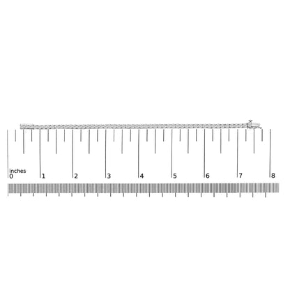 White bracelet with round white gemstones in prong settings, shown flat on a scale, photographed from a top-down angle.