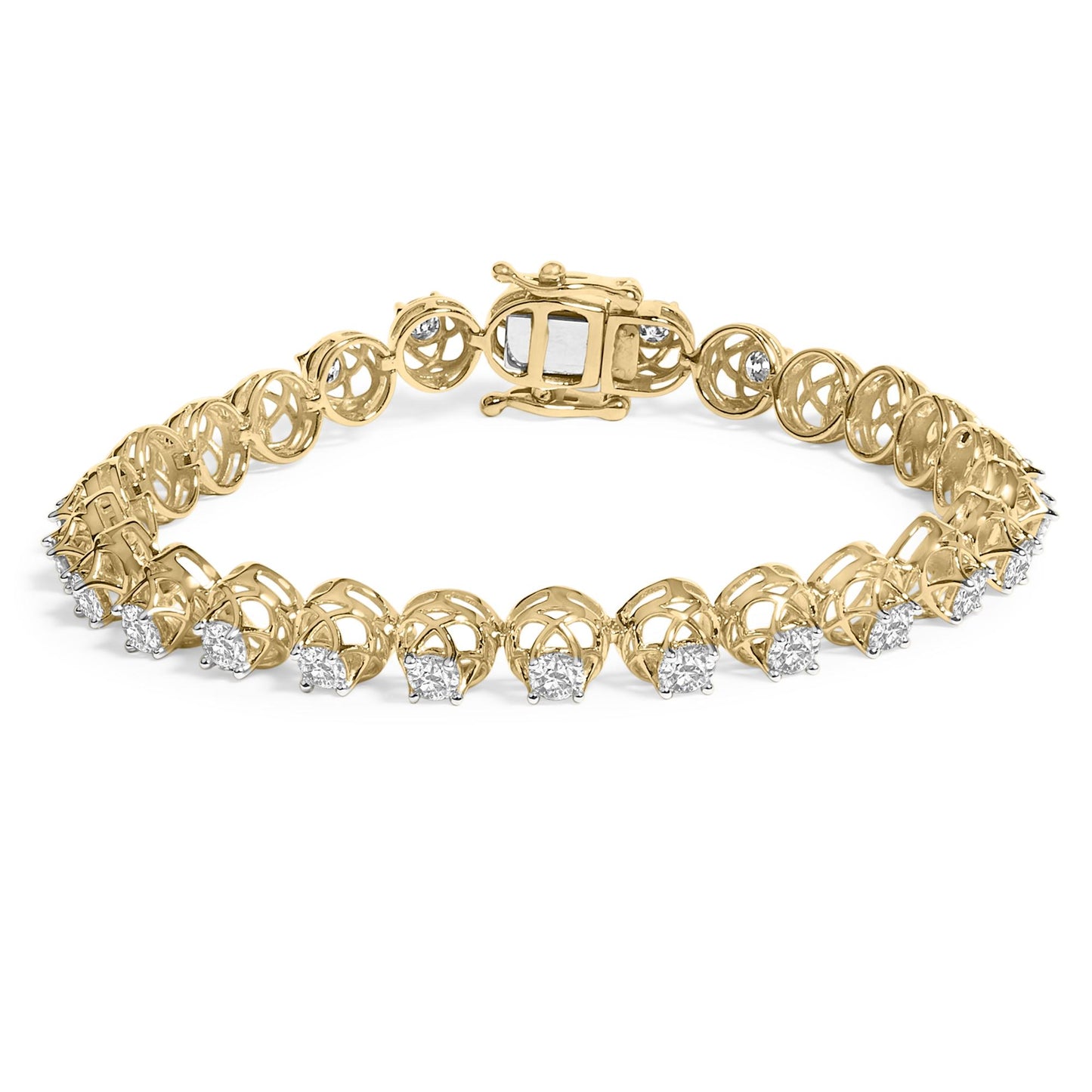 Yellow bracelet with round white gemstones in prong settings, shown in a close-up front angle.