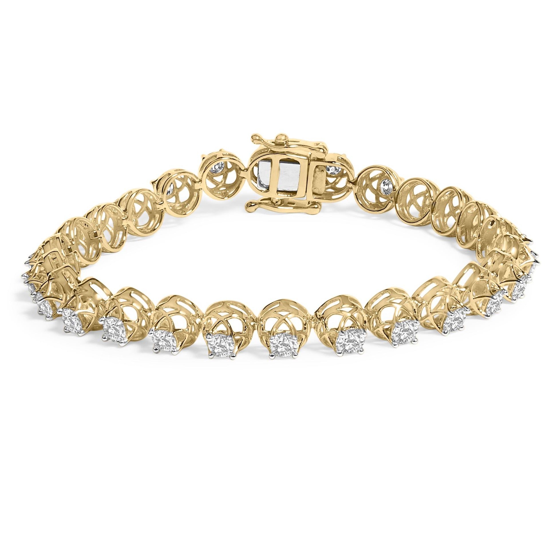 Yellow bracelet with round white gemstones in prong settings, shown in a close-up front angle.