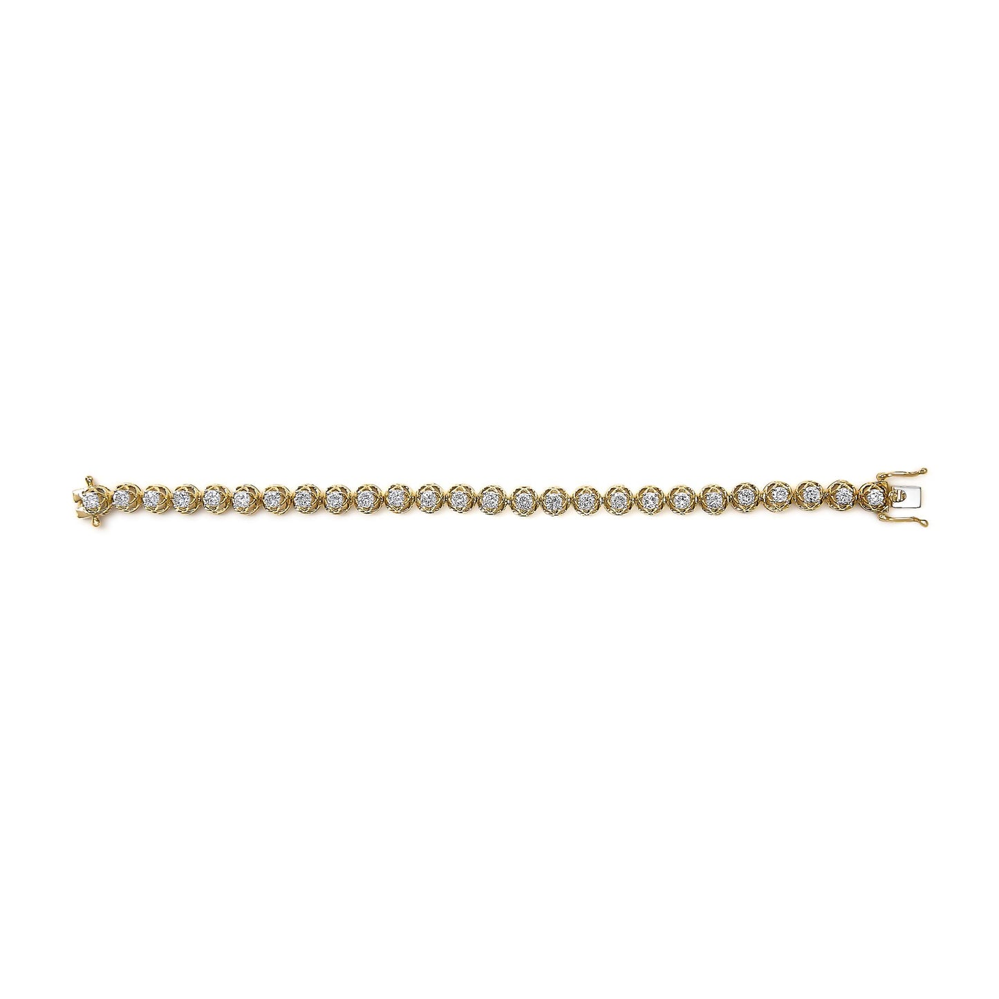 Yellow bracelet with round white gemstones in prong settings, shown flat from a top-down angle.