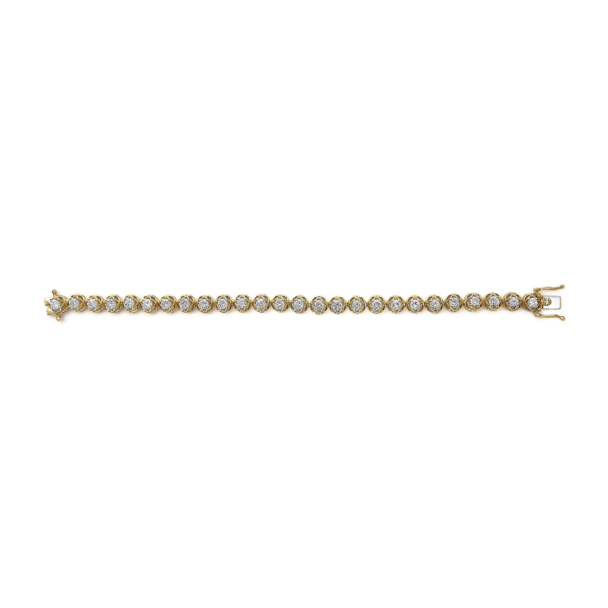 Yellow bracelet with round white gemstones in prong settings, shown flat from a top-down angle.