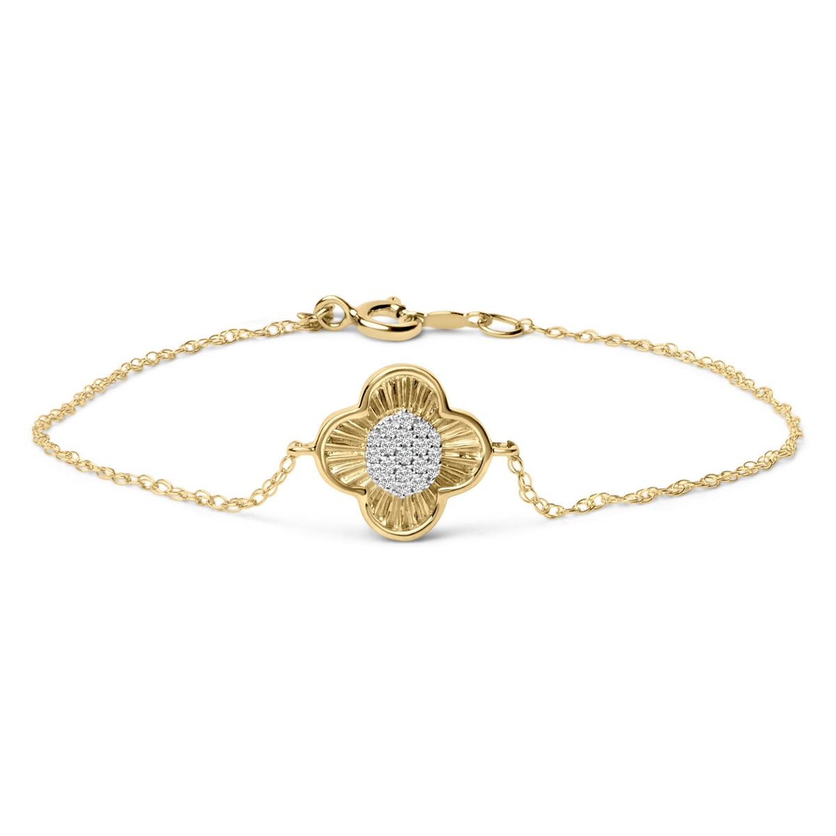 Close-up front view of a yellow bracelet with a chain and a flower-shaped centerpiece adorned with white round gemstones in prong settings.
