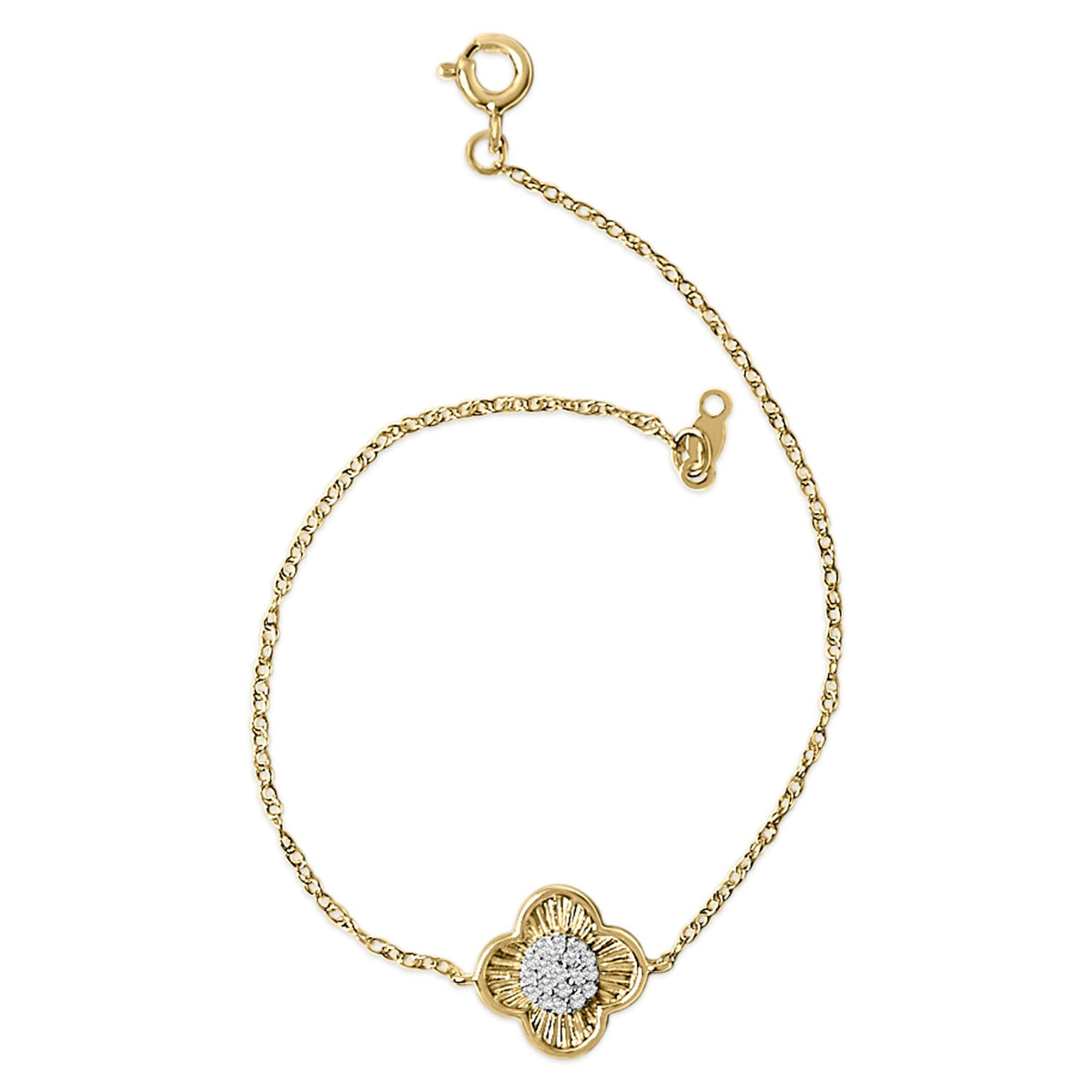 Close-up image of a yellow metal bracelet with a flower-shaped centerpiece featuring a cluster of round white gemstones in prong settings, shown from a top view.