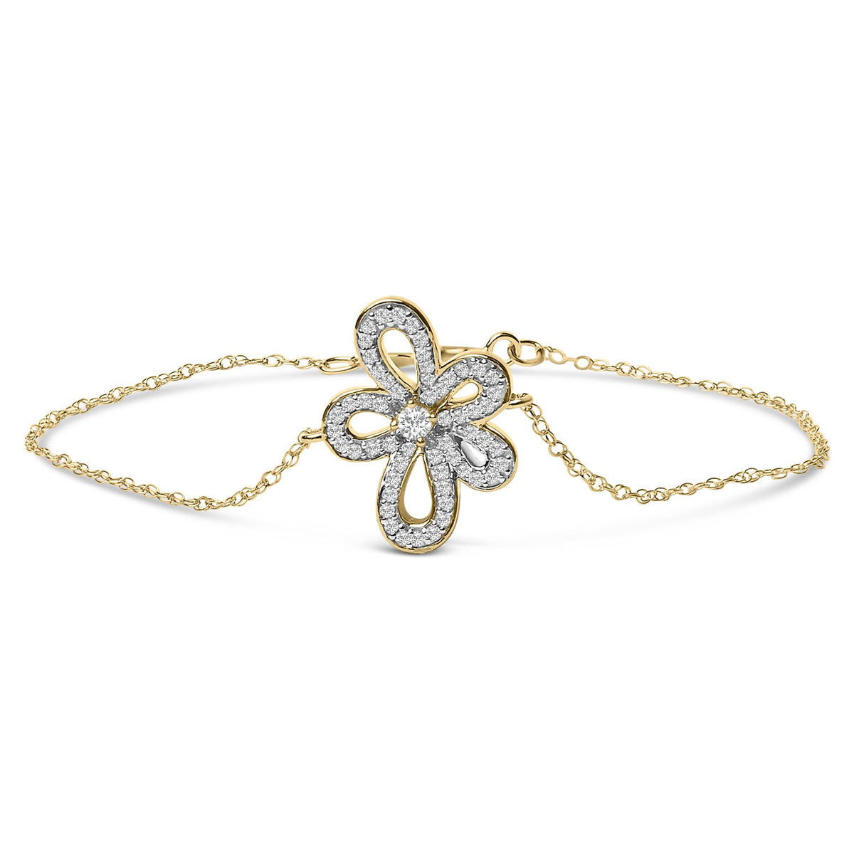 Yellow metal bracelet with a flower-shaped design embellished with white round gemstones in prong settings, shown on a white background with a front-facing angle.