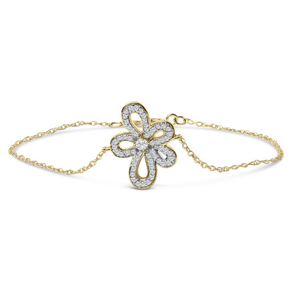 Yellow metal bracelet with a flower-shaped design embellished with white round gemstones in prong settings, shown on a white background with a front-facing angle.