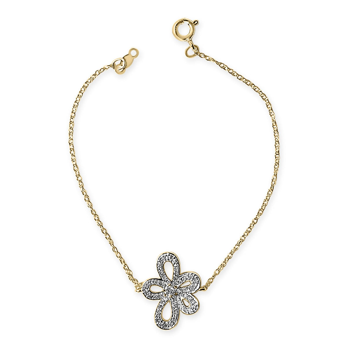 Close-up front view of a yellow metal bracelet with a flower-shaped centerpiece adorned with multiple white gemstones in a prong setting. The bracelet is shown on a white background.