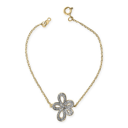 Close-up front view of a yellow metal bracelet with a flower-shaped centerpiece adorned with multiple white gemstones in a prong setting. The bracelet is shown on a white background.